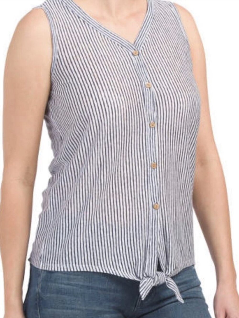 RACHEL ZOE Navy Blue White Striped Sleeveless Button Tie Knot 100% Linen Tank M
